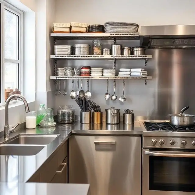 A clean and organized stainless steel kitchen