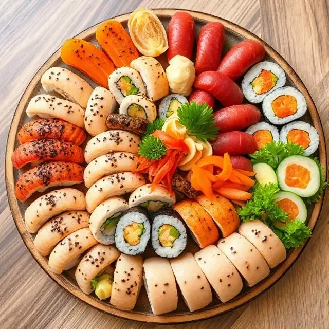 A large family-sized sushi and appetizer platter