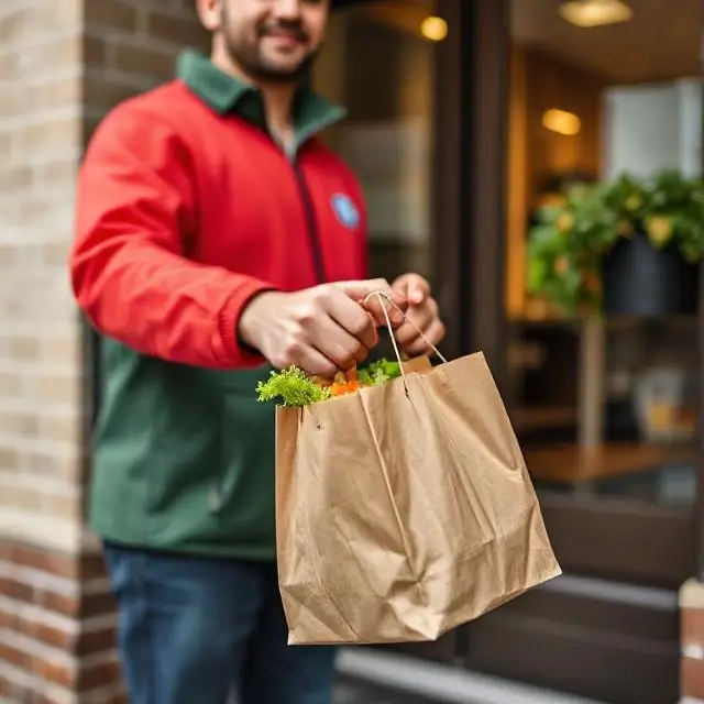 A delivery driver handing over a food bag
