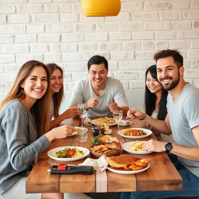A group of friends happily sharing a meal