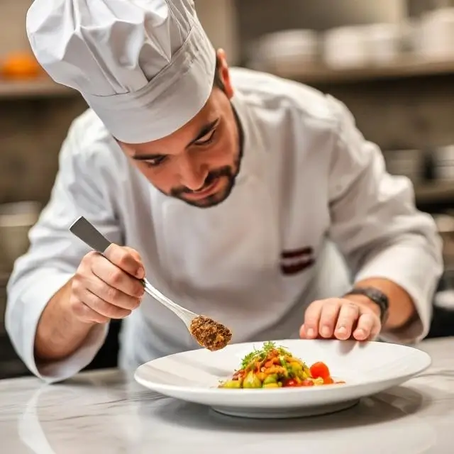 A chef meticulously preparing a dish