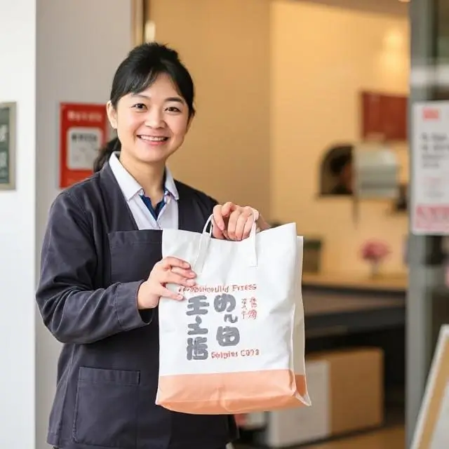 A friendly Shokuji Express staff member handing over a delivery bag