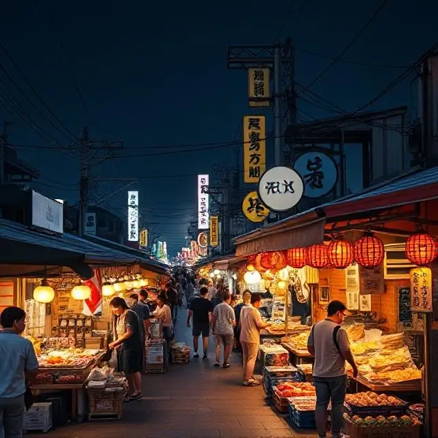 A vibrant Japanese street food market at night