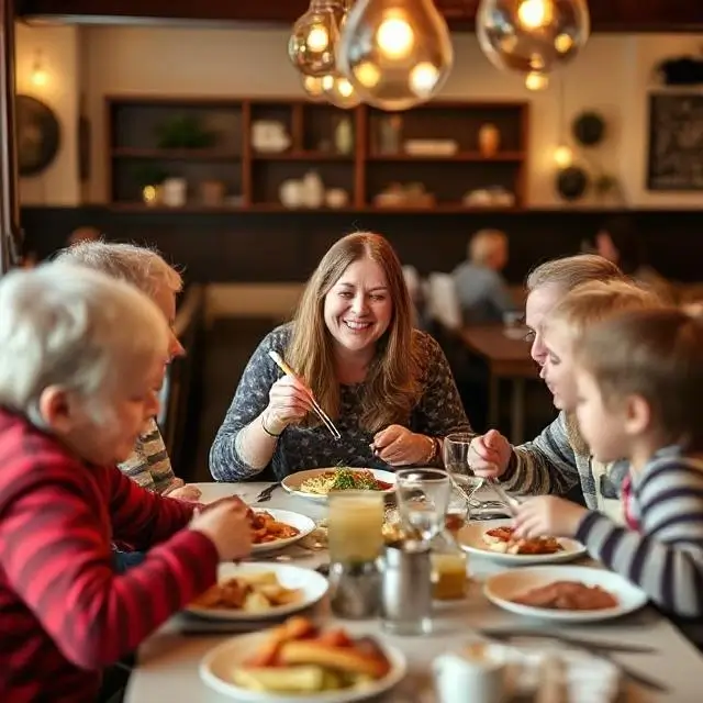 A happy customer, Sarah, enjoying her family meal