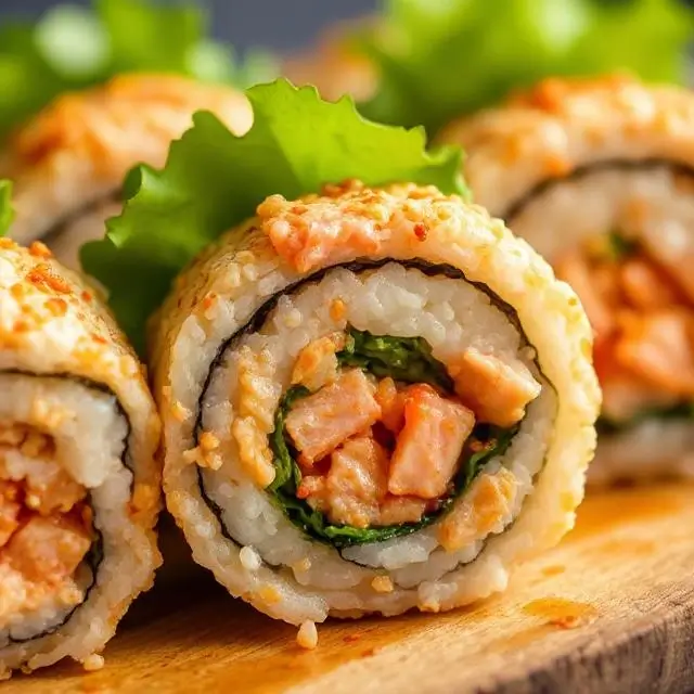 A close-up of the delicious Spicy Tuna Crunch Roll