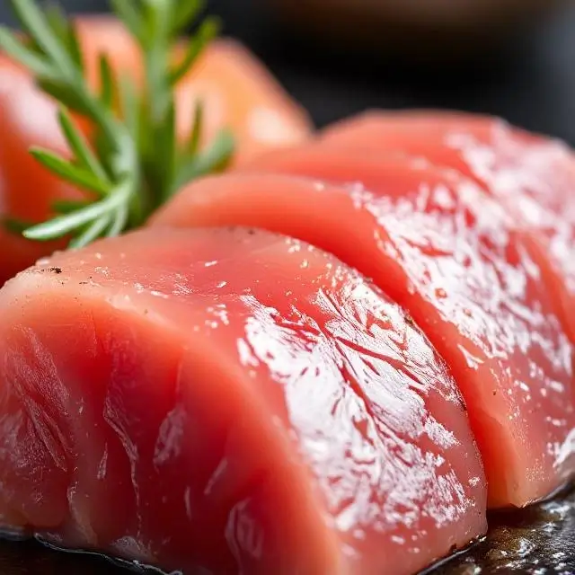 Close-up of fresh, glistening tuna sashimi
