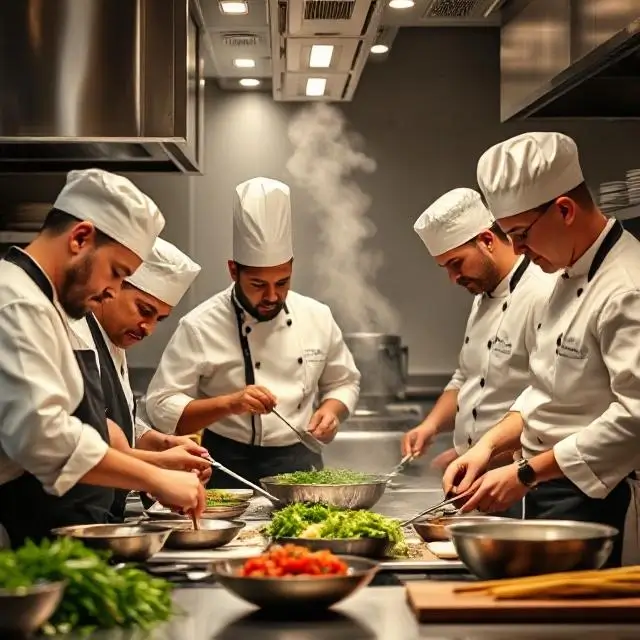 A team of chefs collaborating in a modern kitchen