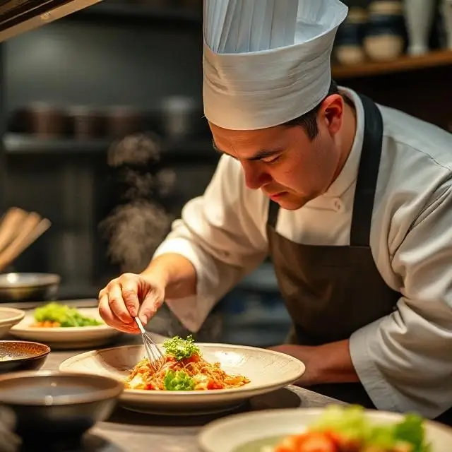 A Japanese chef meticulously preparing a dish