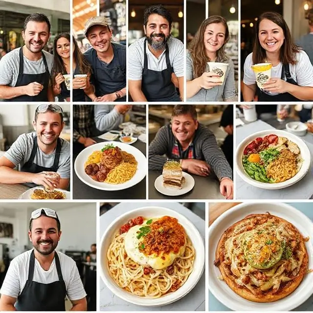 A collage of happy customers and delicious food photos